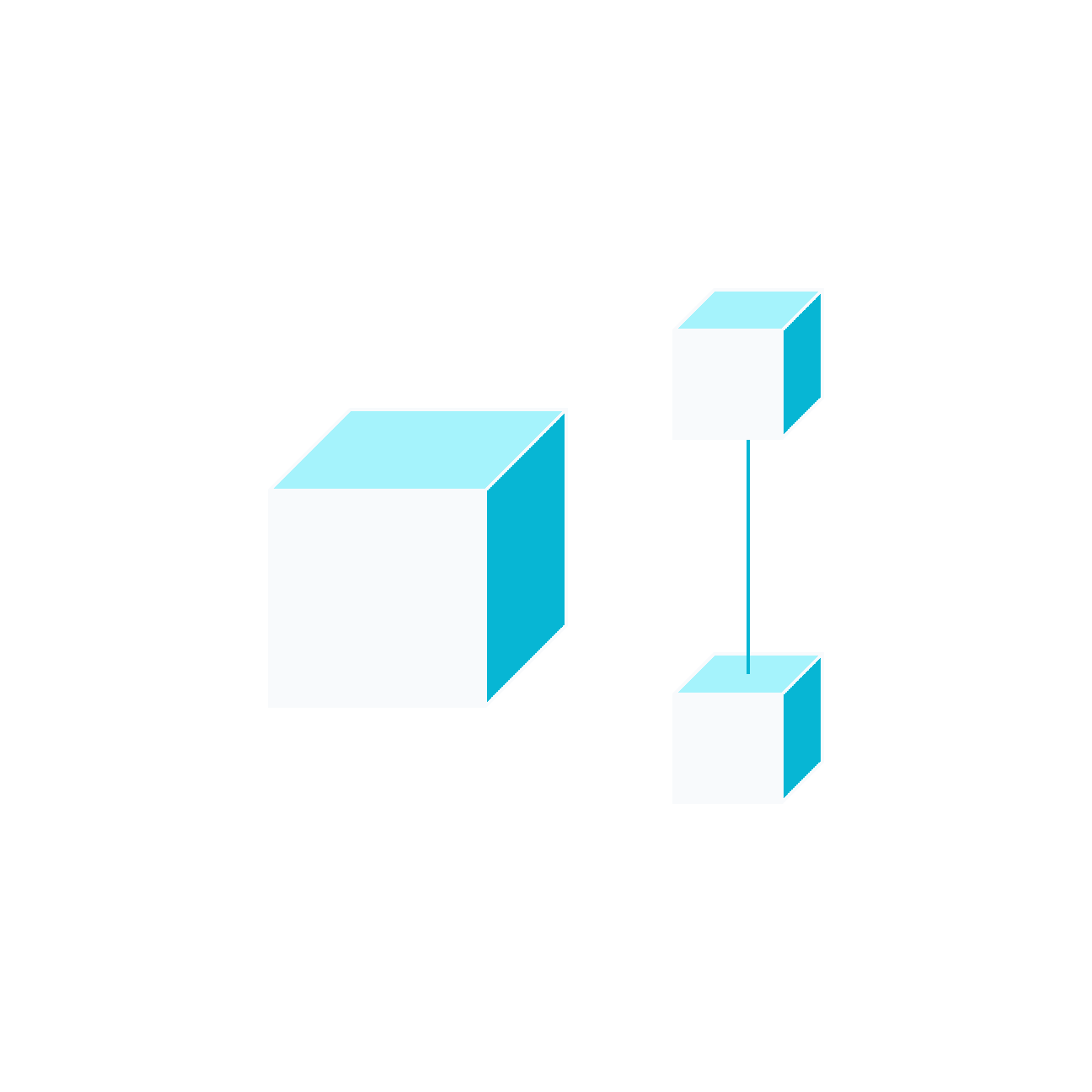a cube on the left and two cuboids connected together with a line like a barbell 
